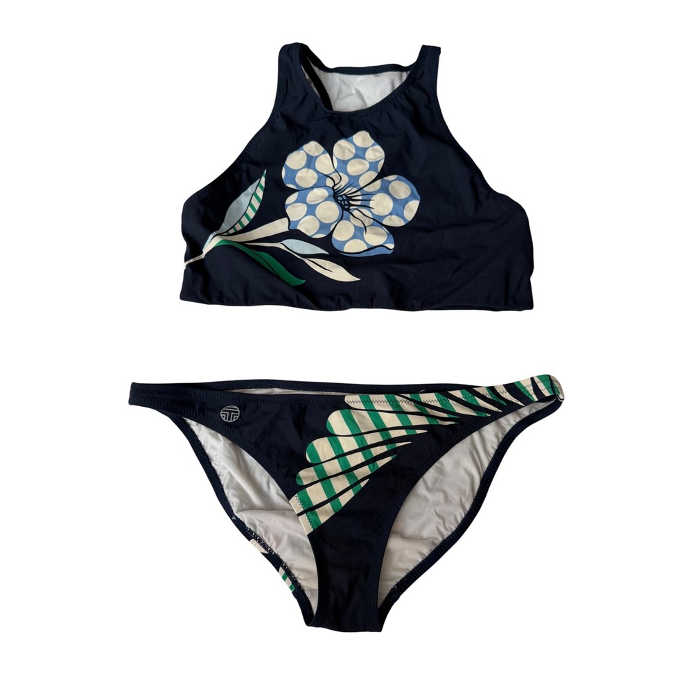 Tory Sport Floral High Neck Bikini Set Navy Blue Size S M